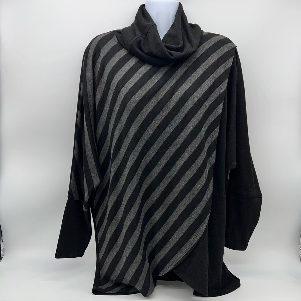 Keren Hart Mock Wrap Neck Sweater-Diagonal Stripes in Black/Gray Batwing Sleeves